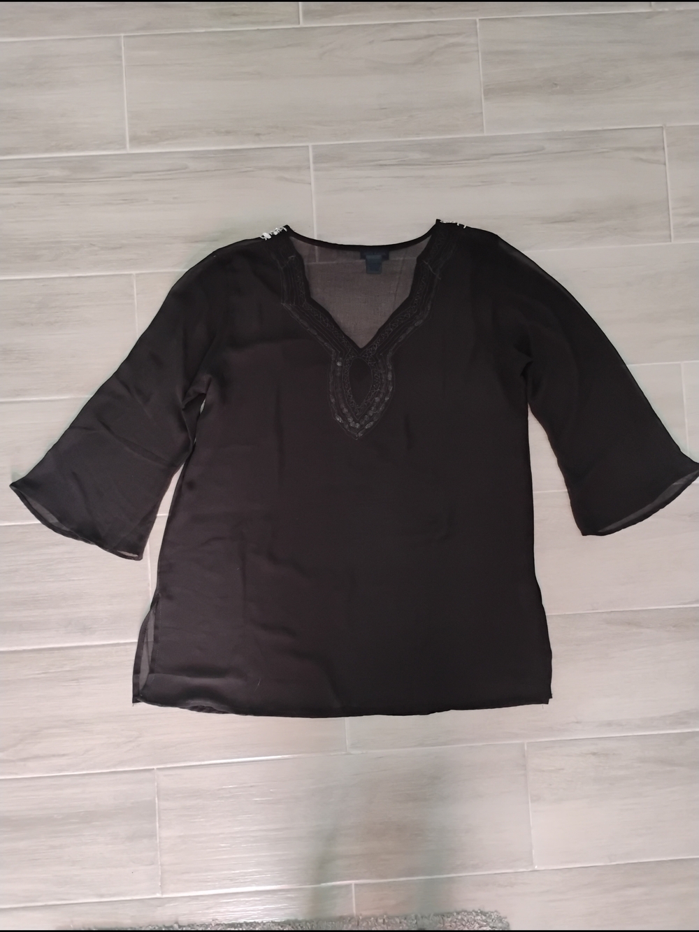 Aqua Blue Embroidered Embellished Black V-Neck Kaftan Swim Cover-Up Sz XL - Picture 2 of 5